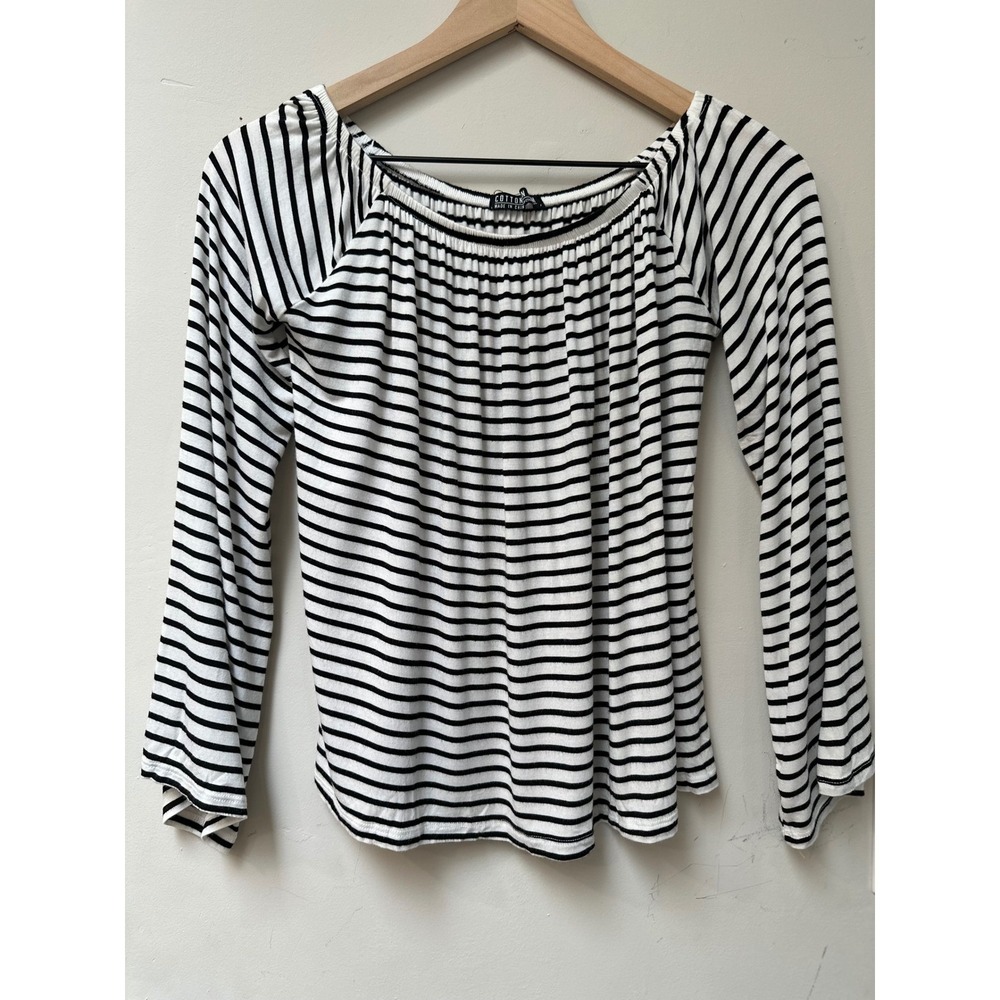 Cotton On Women Black White Striped Off Shoulder Bell Sleeve Top Size M